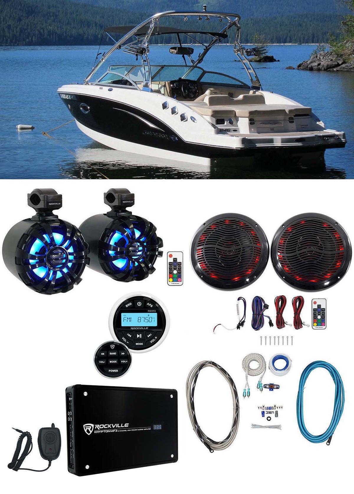 2 Rockville 6.5" LED Swivel Black Marine Wakeboard+Coaxial Speakers+Receiver+Amp
