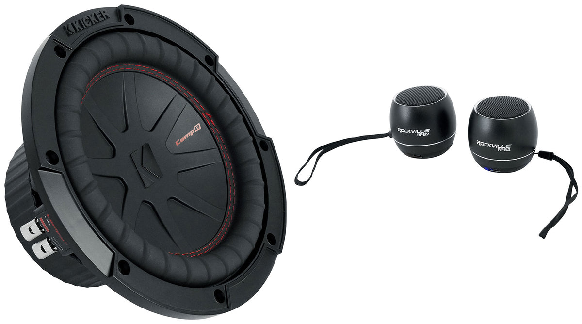 CompR 600W 8" Car Subwoofer + RPB3-BLACK Portable Bluetooth Speakers (Pair)