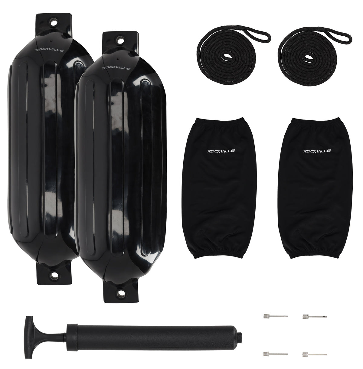 Rockville FEN210-BLACK Boat Fender Package 2 Bumpers 10"x30", 2 Covers, 2 Lines