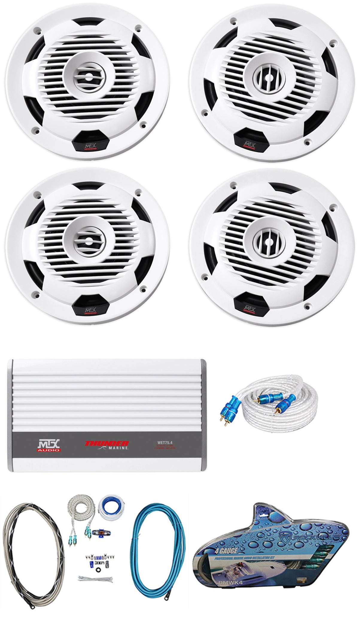 (4) MTX Audio WET77-W 7.7" 300 Watt Marine Boat Speakers+4-Channel Amp+Wires