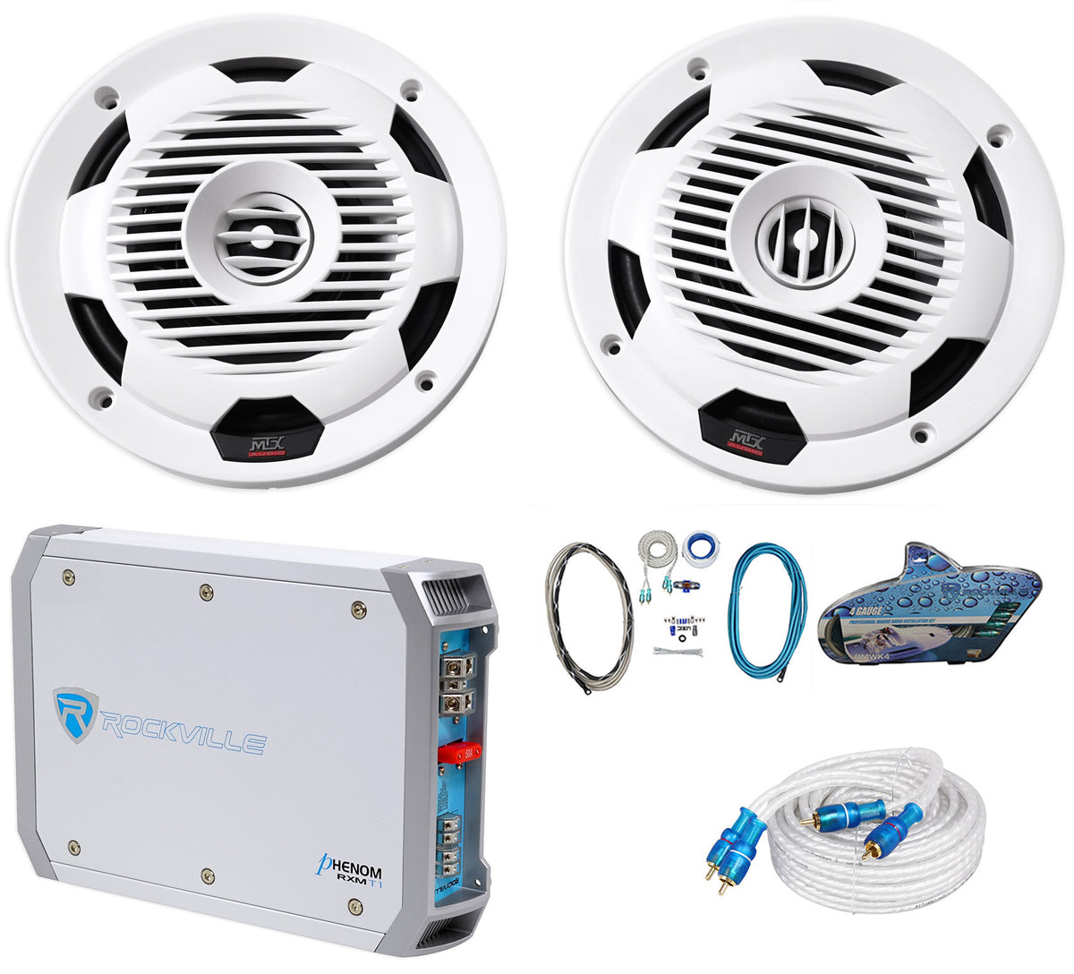 Pair MTX Audio WET77-W 7.7" 300 Watt Marine Boat Speakers+2-Ch. Amplifier+Wires