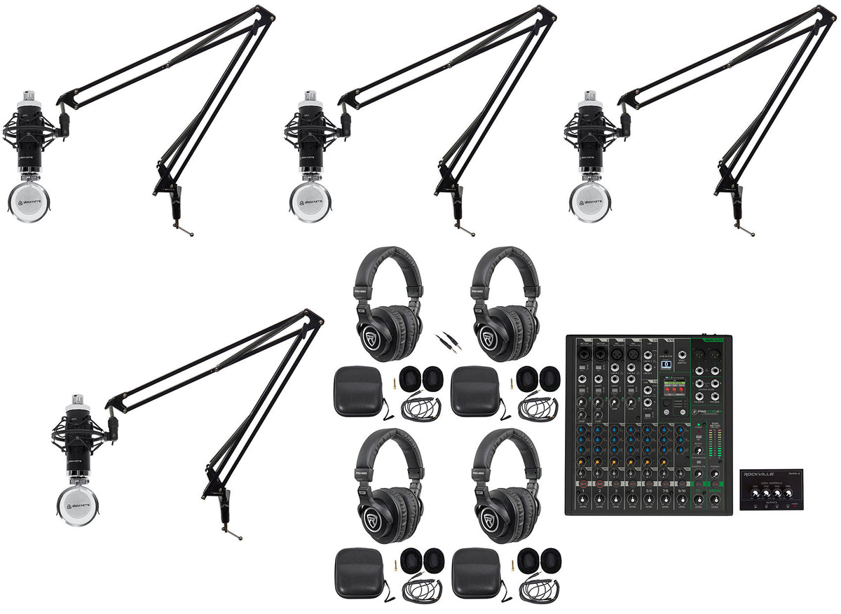 4-Person Podcast Recording Kit with ProFX10v3+ Mixer and Boom Arms