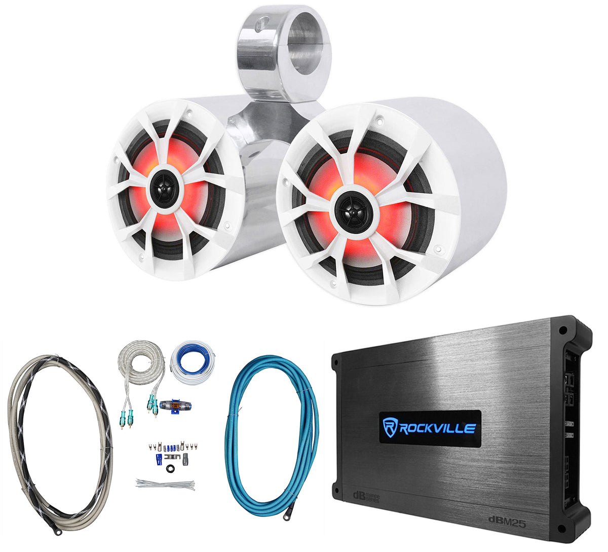 Dual 6.5" Marine Wakeboard LED Speakers+Amplifier+Amp Kit