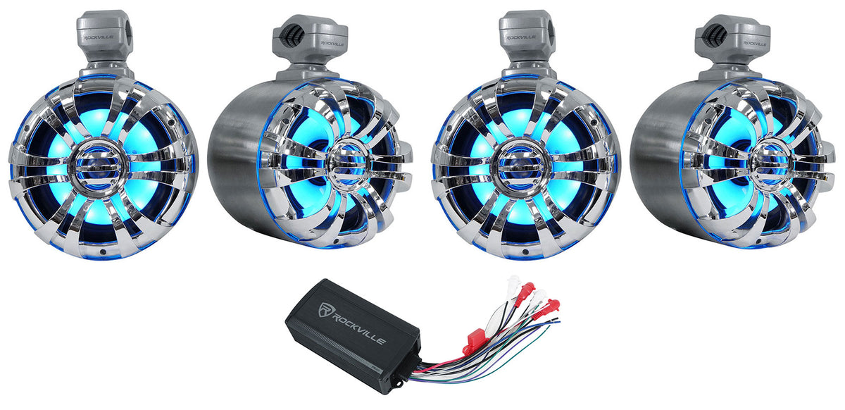 (4) 6.5" LED Silver Tower Speakers+PS40 Bluetooth Amp For ATV/UTV/RZR