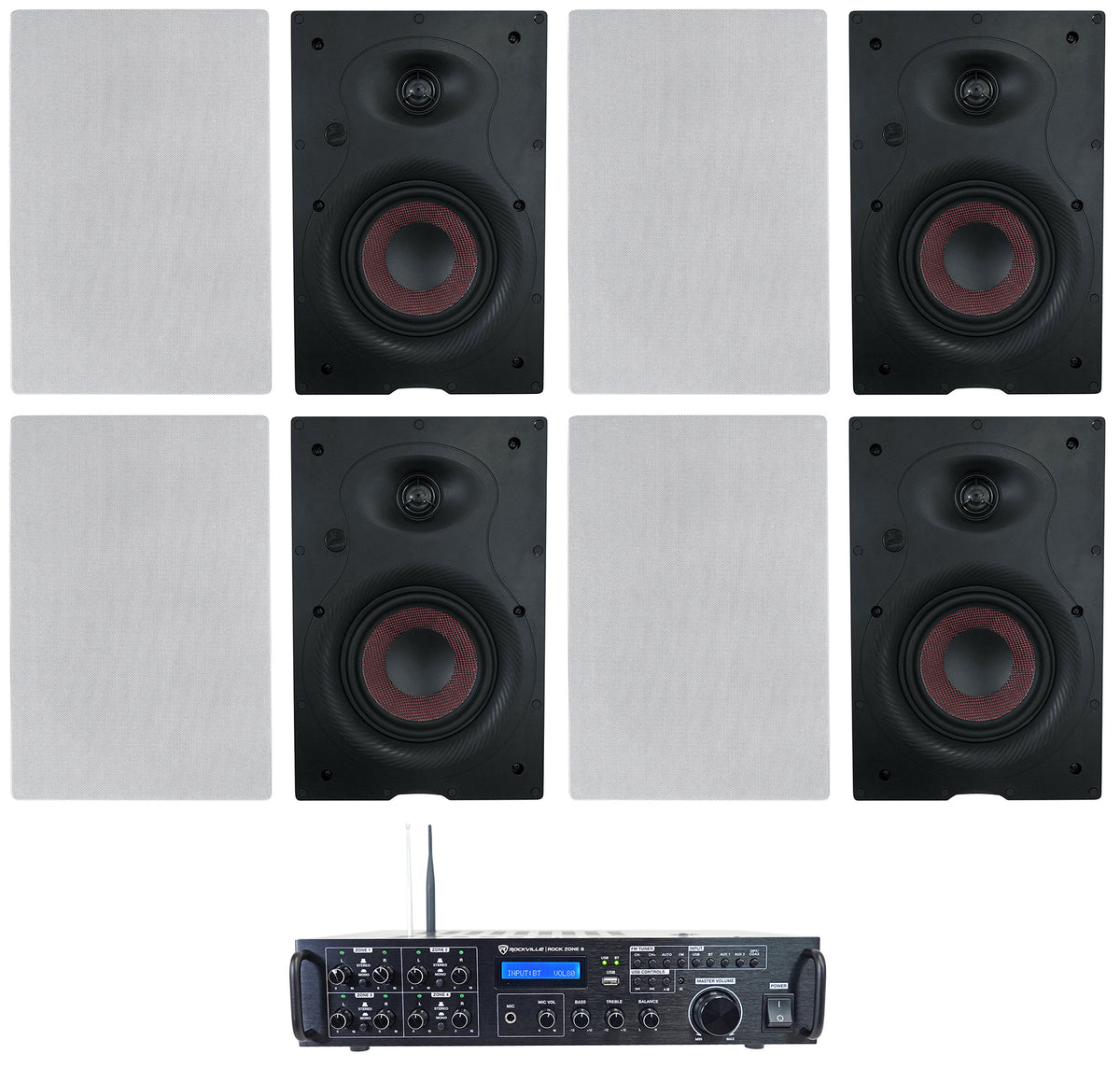Rock Zone 8 Channel Multi Room Home Receiver+(8) 6.5" In-Wall Speakers