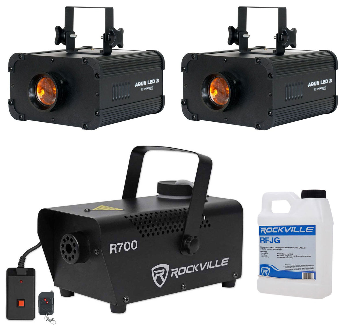 (2) Aqua LED 2.0 Water Flow Effect Lights & Fog Machine Bundle