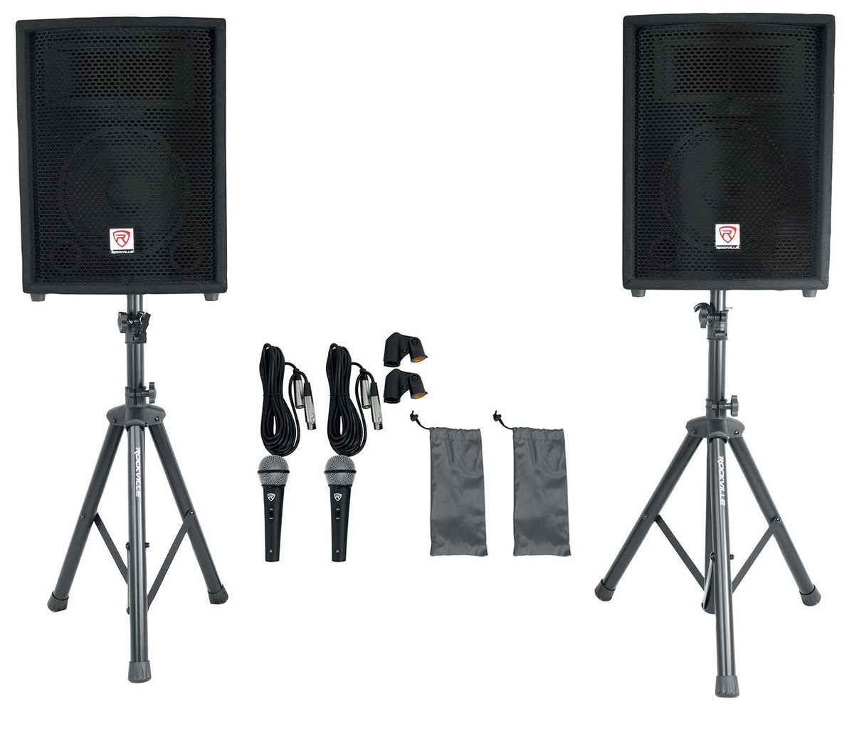Pair Rockville 10" 800 Watt Passive Pro Audio PA Speakers+2 Stands+2 Metal Mics