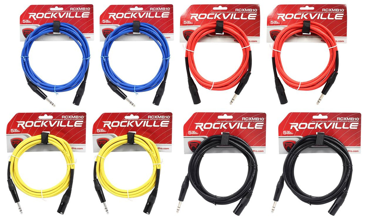 8 10' Male REAN XLR to 1/4'' TRS Cable (4 Colors x 2 of Each)