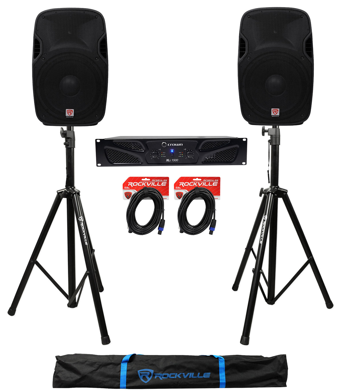 Crown XLi1500 Amplifier + (2) Rockville SPGN158 15in Speakers + Stands + Cables