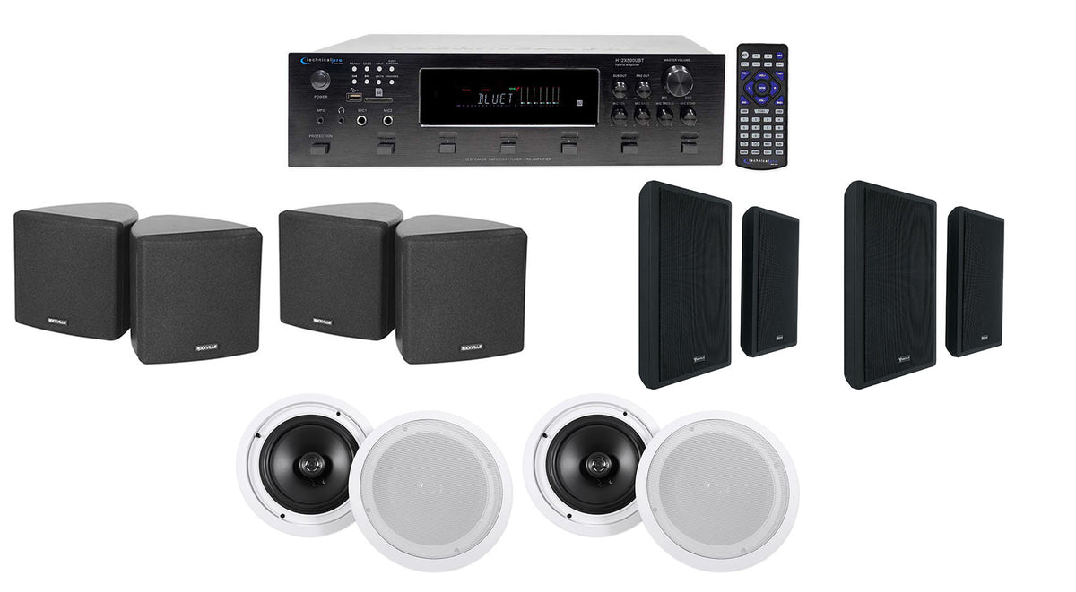 6-Zone Receiver, Black Cube, Wall & White 8" Ceiling Spk