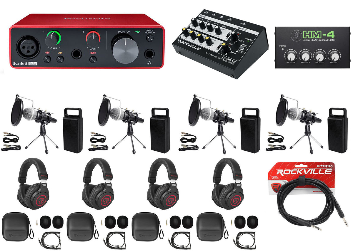 4-Person Podcast Podcasting Recording Kit w/Mics+Stands+Headphones