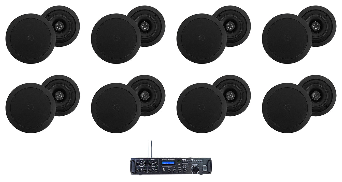 Rock Zone 8 Ch. Multi Room Receiver+(16) 5.25" Black Ceiling Speakers