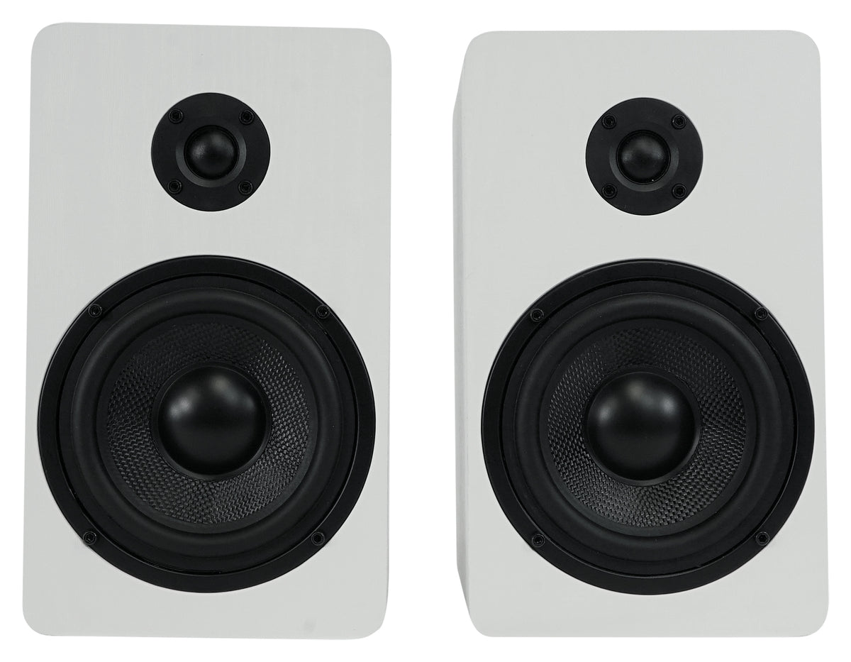 RockShelf 54W 5.25" Home Bookshelf Speakers+White Adjustable Stands