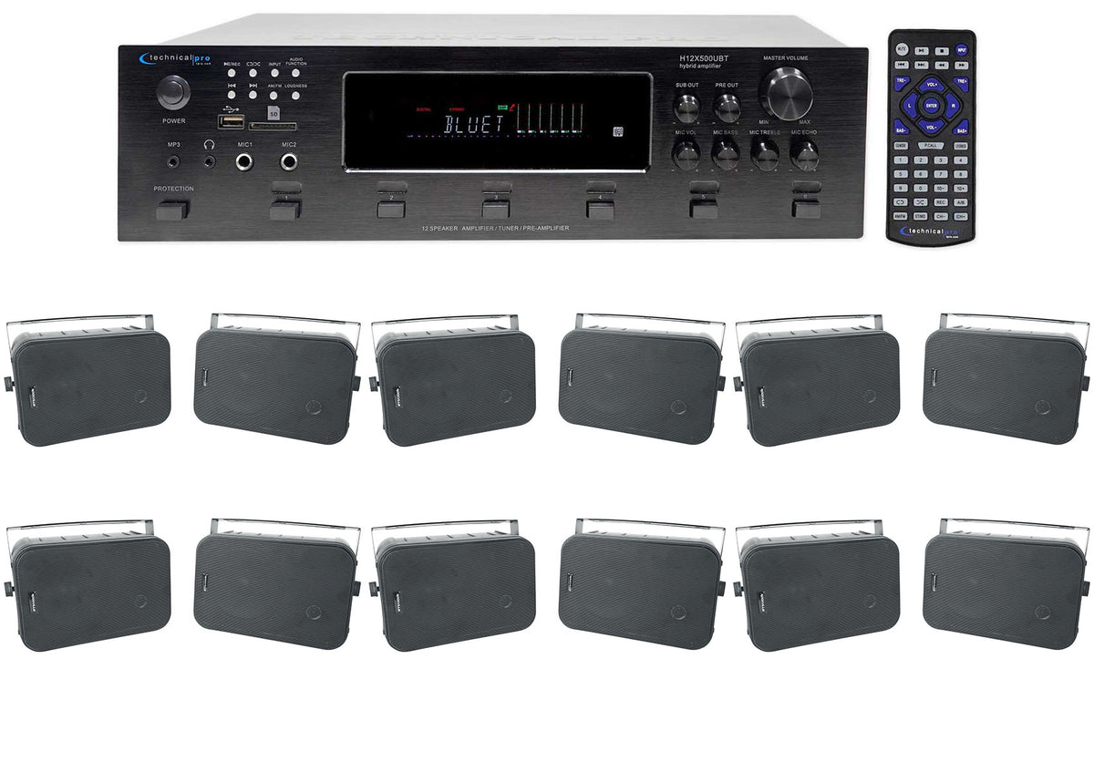 H12X500UBT 6-Zone Receiver + (12) Black 6.5 In Outdoor/Indoor Speakers