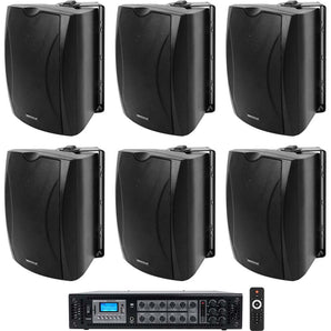 (6) Black 5.25" Commercial Wall Speakers+Receiver For Restaurant/Office/Cafe/Bar