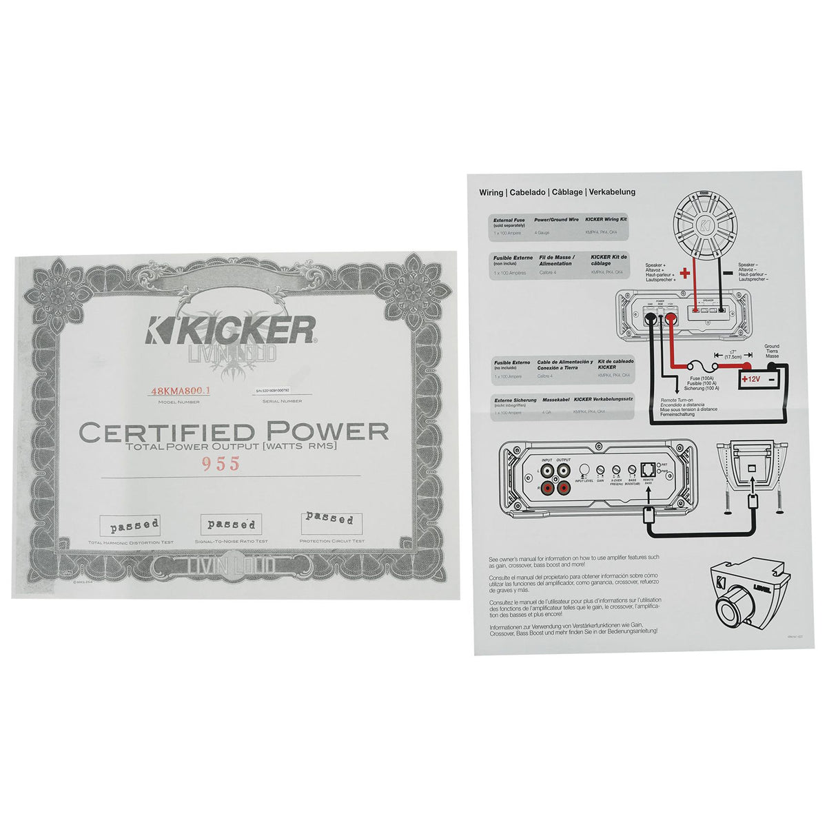 KICKER 48KMA8001 800 Watt 1-Ohm Marine/Boat Mono Sub Amplifier+Amp Kit KMA800.1