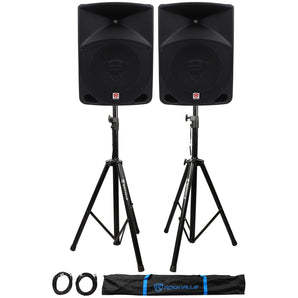 Pair Rockville RPG10 10" 1200w Powered PA/DJ Speakers + 2 Stands + 2 Cables+Bag
