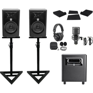 2) JBL 305P MkII 5" Powered Studio Monitors+Stands+Pads+Subwoofer+Headphones+Mic