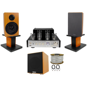 Rockville BluTube Bluetooth Tube Amplifier+Wood Bookshelf Speakers+Stands+Sub