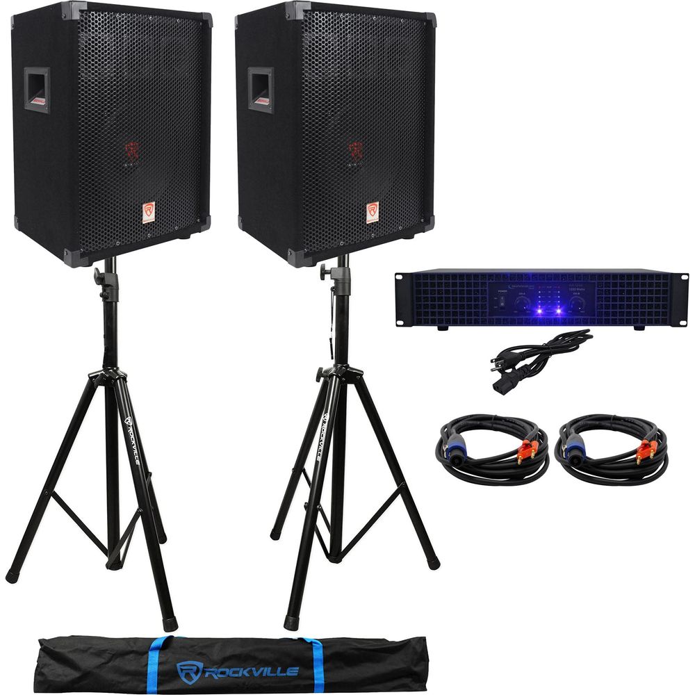 (2) RSG10 10" PA Speakers + AX1200 1200W Amplifier + Stands + Cables