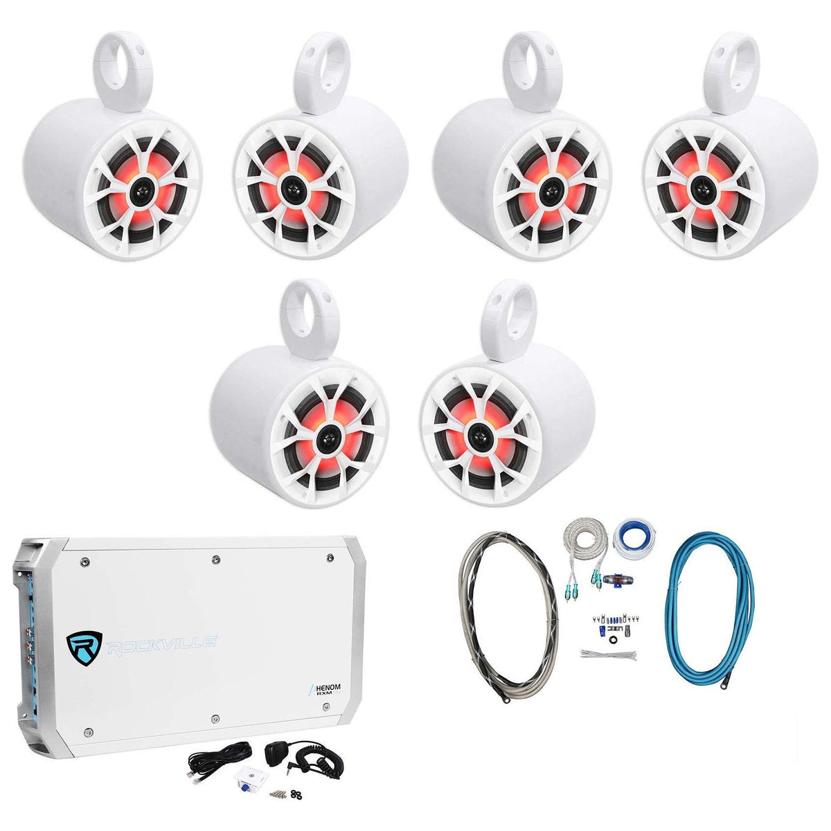 (6) RKL65MBW 6.5" 700W Marine Wakeboard LED Speakers + Amplifier + Amp Kit