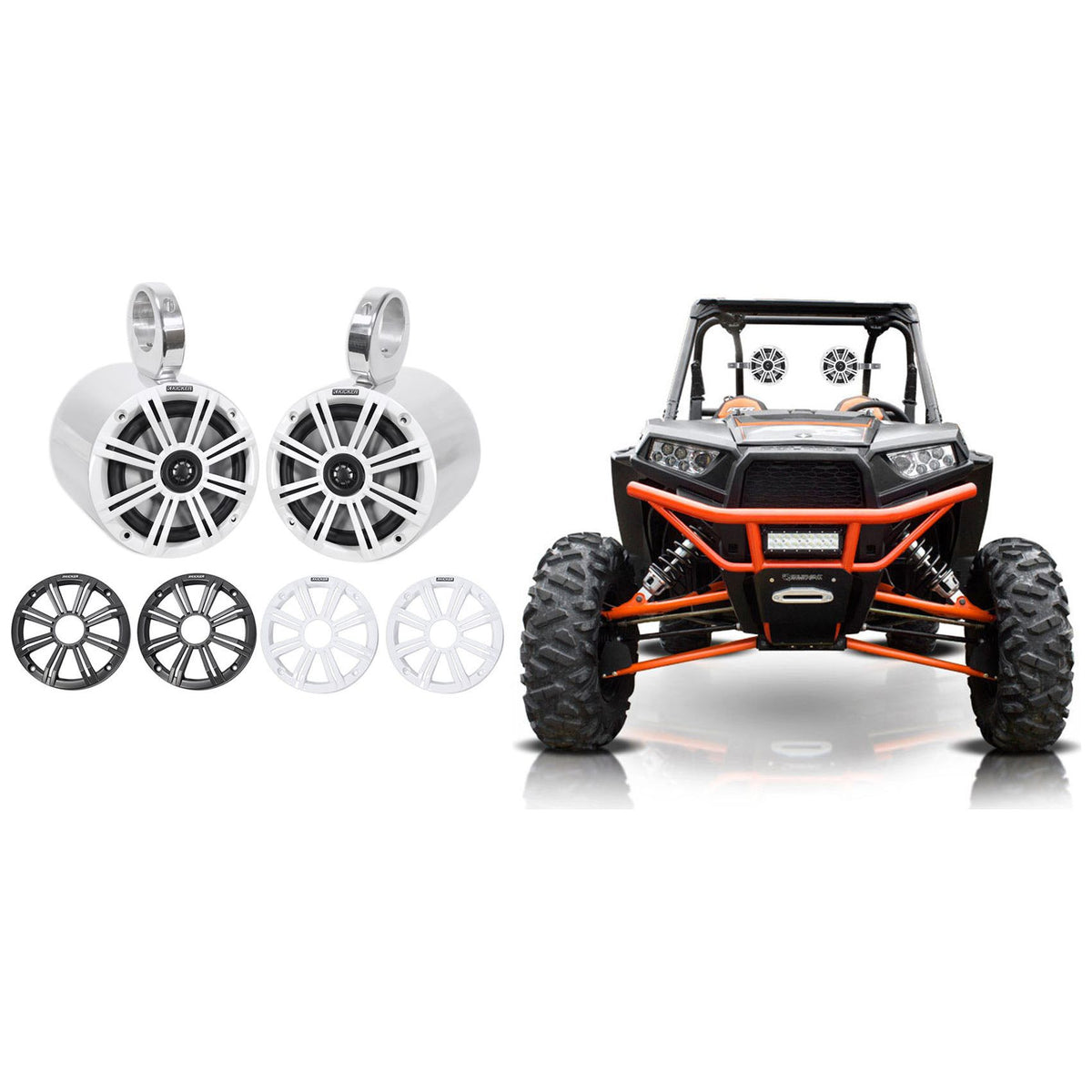45KM654 6.5" Speakers + MAC65S Silver Tower Pods For RZR/ATV/UTV