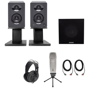 (2) Samson M30  3" Active Studio Monitor Speakers+Stands+Sub+Headphones+Pro Mic