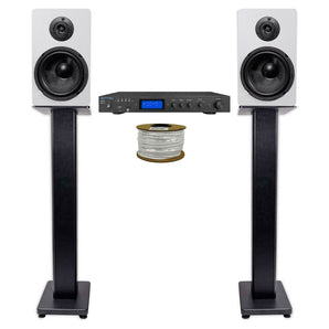 Technical Pro IA25U Receiver+2) 6.5" White Bookshelf Speakers+36" Speaker Stands