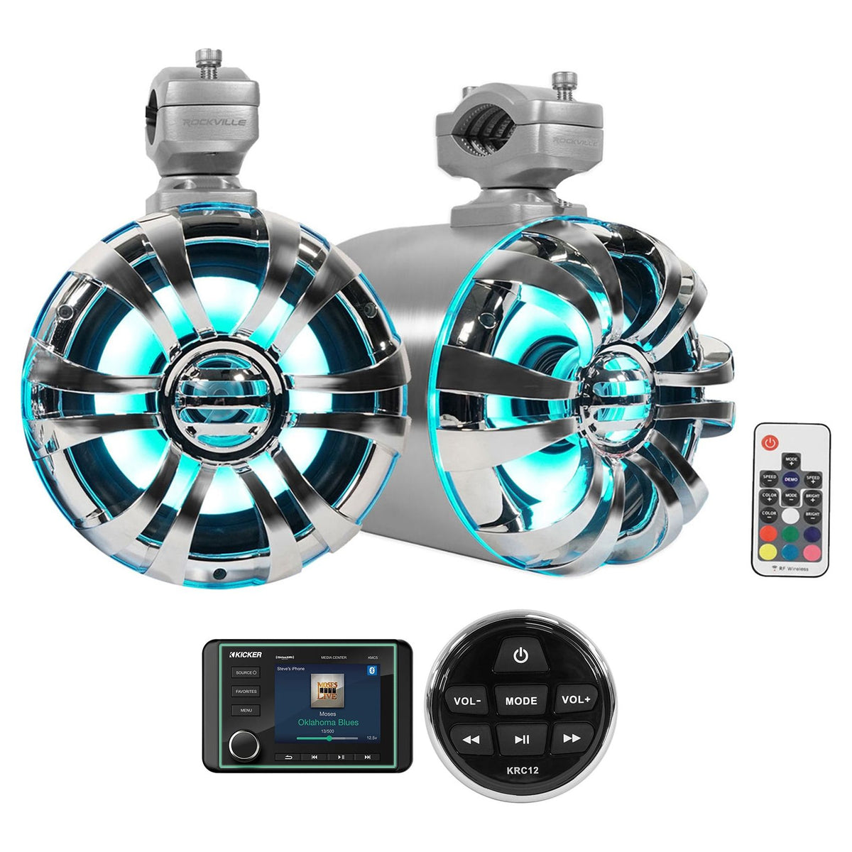 KMC5 Marine Bluetooth Receiver+Remote+(2) 6.5" Chrome LED Tower Speakers