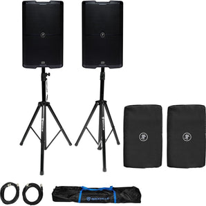 2 Mackie SRM215 V-Class 15” 2000w Powered Bluetooth PA DJ Speakers+Stands+Covers