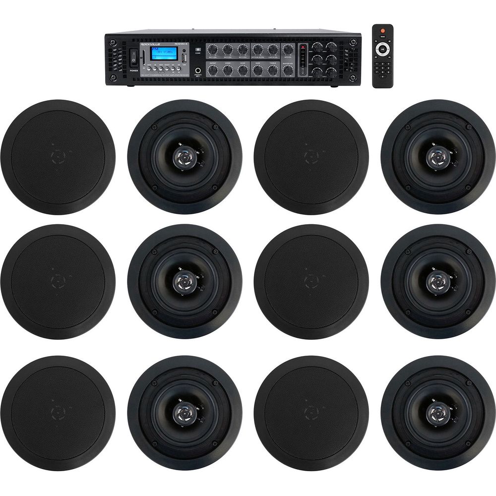 Commercial Amp+12) 5.25" 2-Way Black Ceiling Speakers 4 Hotel/Office