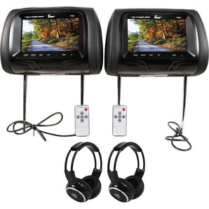 Pair of Tview T726PL-BK 7" Black Car Headrest Monitors + 2 Wireless Headphones