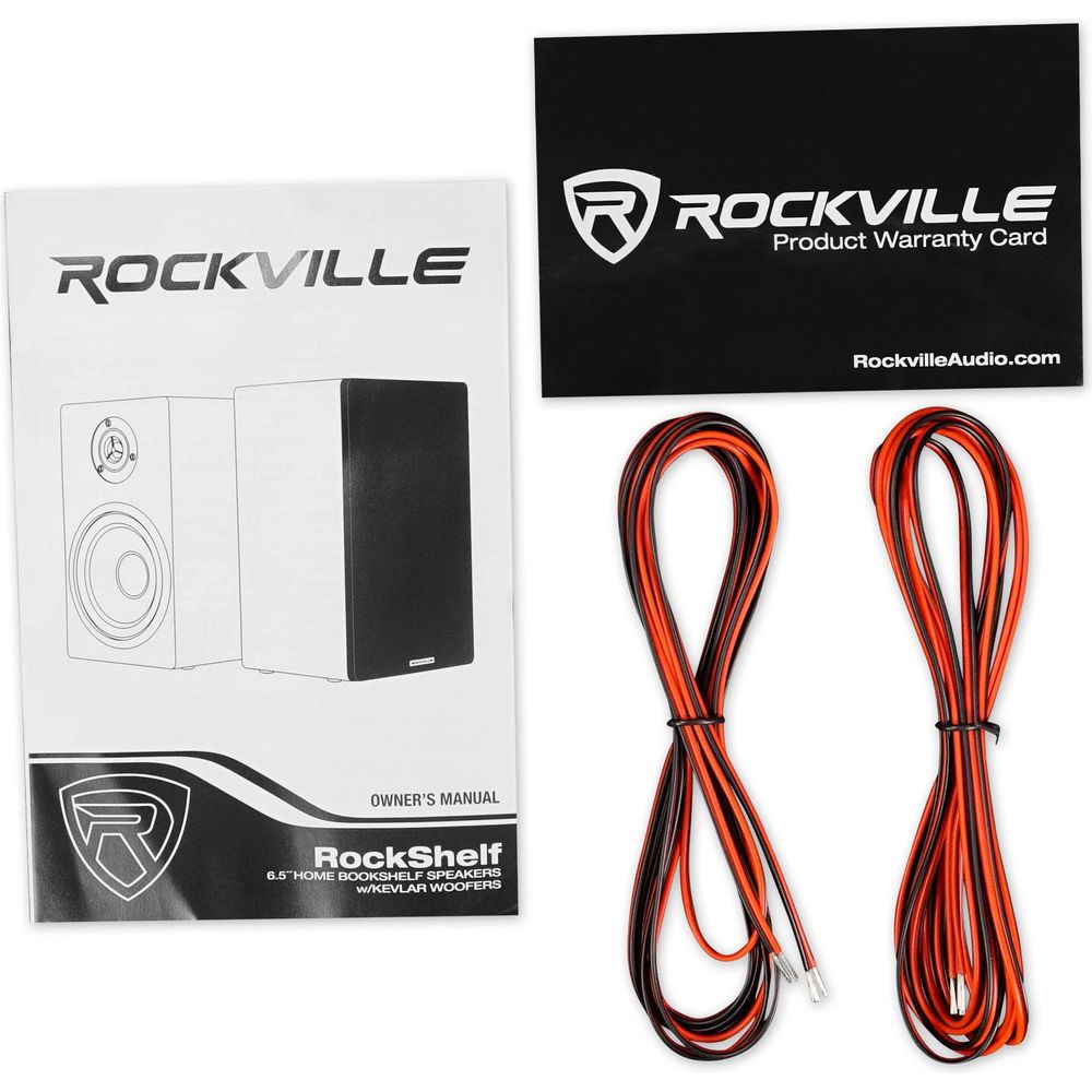 RockShelf 68W White 6.5" Home Bookshelf Speakers + 29" White Stands