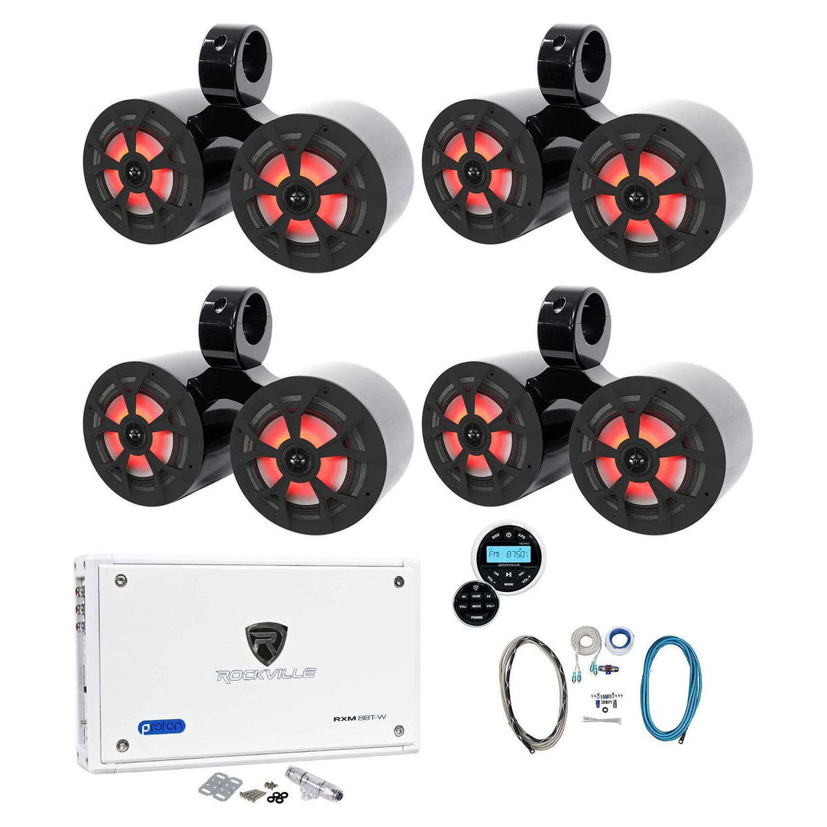 (4) Dual 6.5" Marine Wakeboard LED Speakers+Receiver+Amplifier+Amp Kit