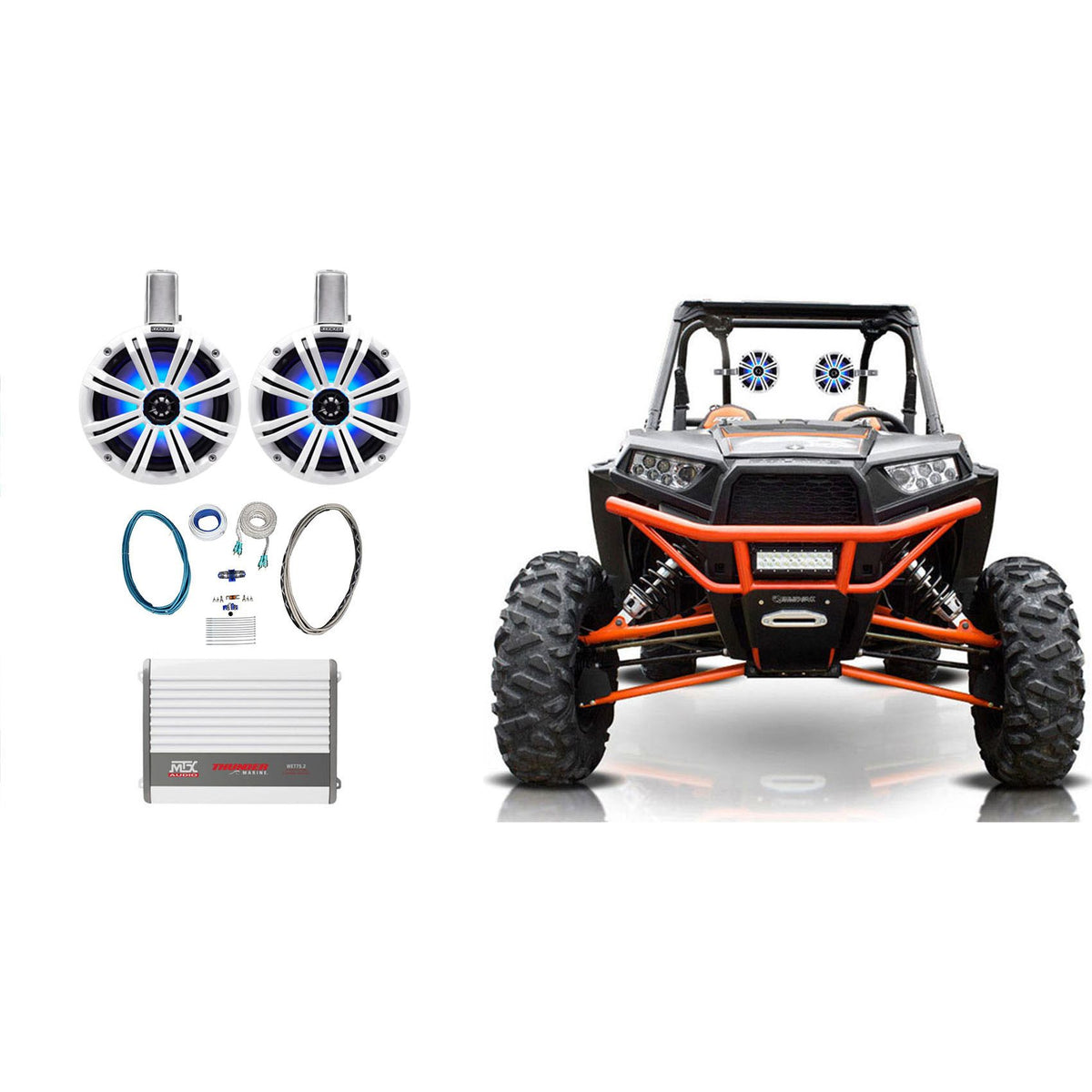 45KMTC8W 8" LED Tower Speakers + WET75.2 Amplifier + RMWK8 Wire Kit for RZR/ATV/UTV