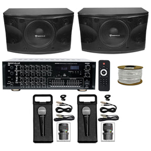 2) Rockville 12" 3-Way 1600w Karaoke Speakers+Powered Mixer w/Bluetooth+2) Mics