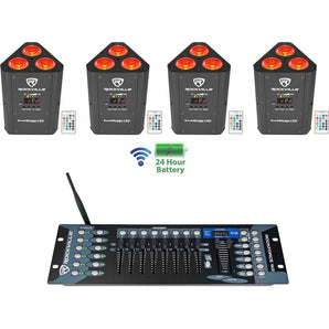 (4) Rockville RockWedge LED Battery Powered Par Lights+Wireless DMX Controller