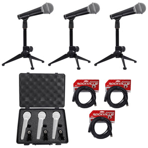 Samson R21 (3) Dynamic Vocal Cardioid Microphones+Mic Stands+Clips+Case+Cables