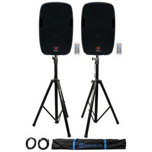 2) Rockville BPA15 15" Powered 800W DJ PA Speakers w Bluetooth+Stands+Cables+Bag