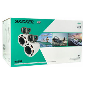 (2) KICKER KMTC9 HLCD 9" White Wakeboard Tower LED Speakers+JVC Marine Receiver