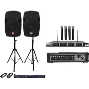 (2) Rockville SPGN124 12" 2400w DJ PA Speakers+Amp+(4) Mics+Stands+Cables+Bag