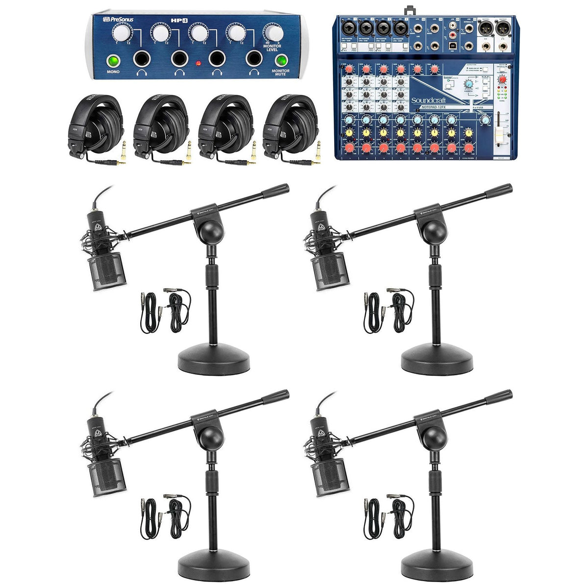 4-Person Podcast Kit with Mixer, Headphones & Microphones