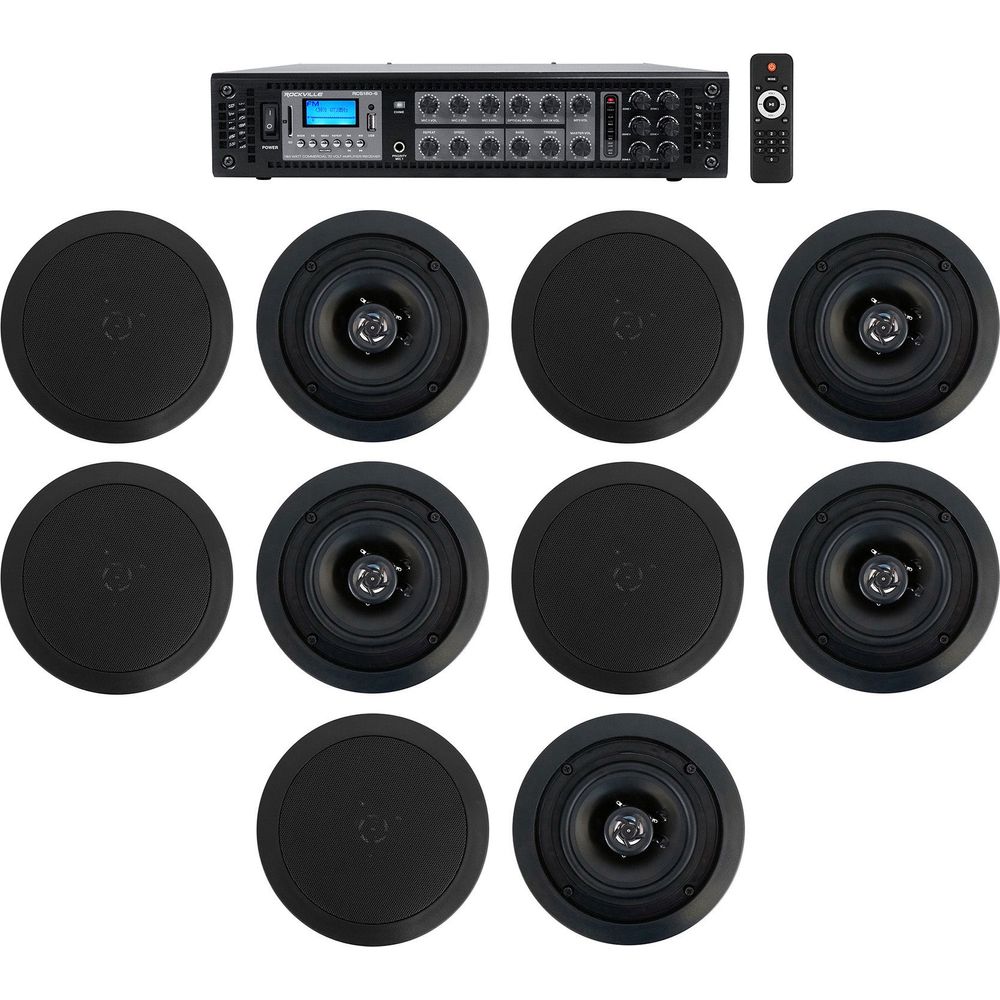6-Zone 70V Amplifier + (10) 5.25" Black 2-Way Restaurant Ceiling Speakers