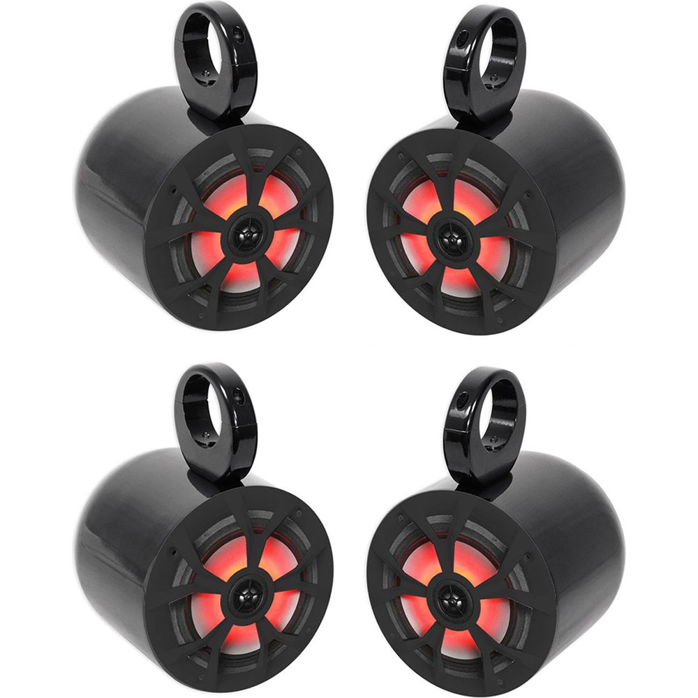 (4) RKL65MBW 6.5" 700W Marine Wakeboard LED Speakers+(4) Black Pods