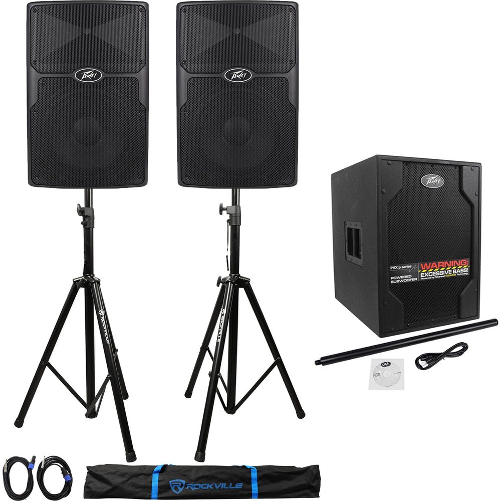 (2) Passive Peavey PVX12 12" 800W Speakers+Powered 15" Subwoofer+2 Sta ...