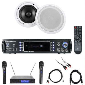 Rockville Karaoke Bluetooth Amp/Mixer + (2) 8" Ceiling Speakers + Wireless Mics