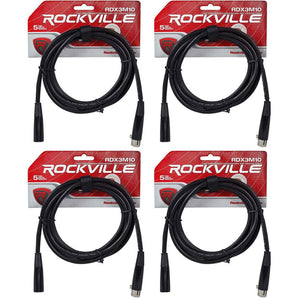 (4) Rockville RDX3M10 10 Foot 3 Pin DMX Lighting Cables 100% OFC Female 2 Male