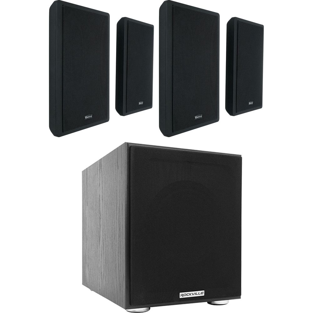 4 RockSlim Black Home Theater 5.25" 240W Wall Mount Slim Speakers + Subwoofer