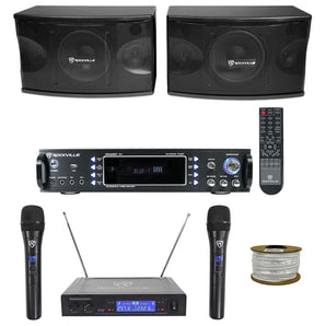 Pair Rockville KPS80 8" Karaoke/Pro Speakers + Bluetooth Amp + Wireless Mics + Rockville R14GSBR100 Red/Blk 14 Gauge 100' Ft. Mini Spool Car Audio Speaker Wire