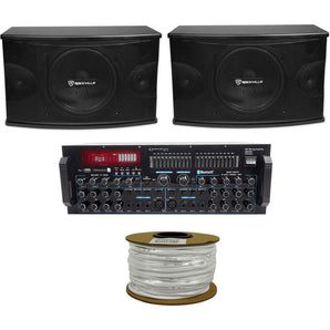 Pair Rockville KPS10 10" 1200w Karaoke Speakers+Bluetooth Pro Amplifier Mixer + Rockville R14GSBR100 Red/Blk 14 Gauge 100' Ft. Mini Spool Car Audio Speaker Wire